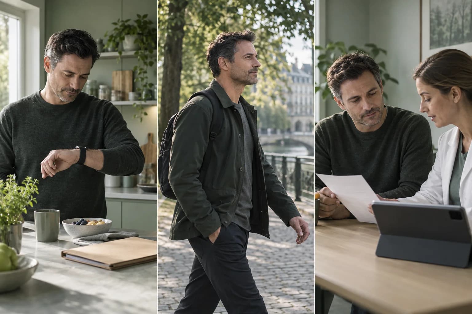 Illustrative visual story: the same man in daily life, on a walk and speaking with a female doctor.