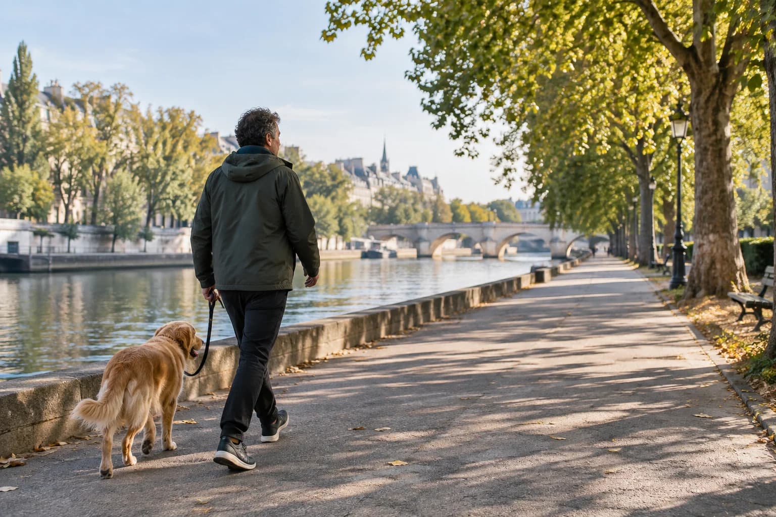 A person and their dog walking by a river in the morning.